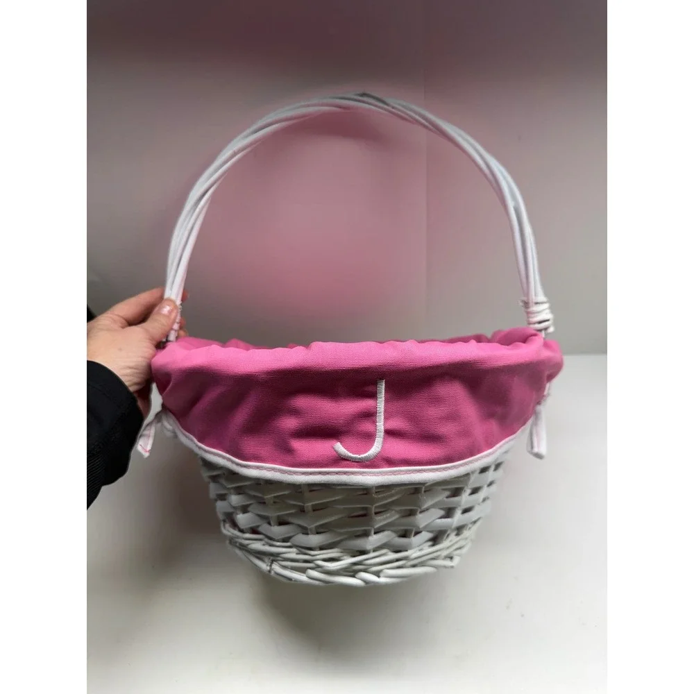 White Wicker Easter Basket with Pink Initial J Embroidered Liner and Handle